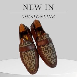 Vintage Fendi Monogram Logo Men Canvas Leather Brown Loafers Size 10.5 Italy